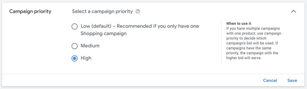 Google Shopping campaign priority options